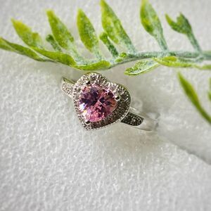 Sterling Silver Halo Pink Clear CZ Heart Ring 4